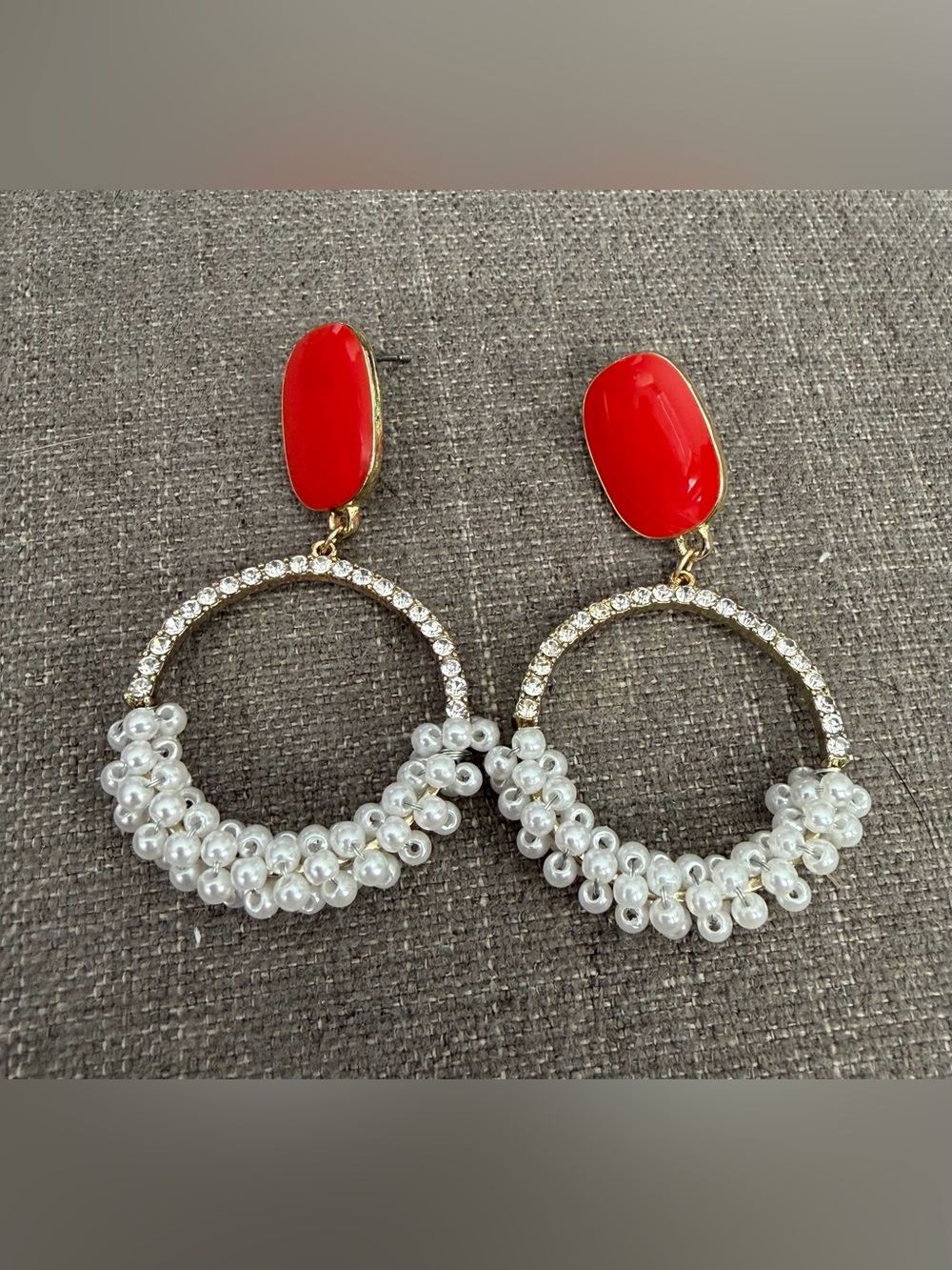 Red Enamel Faux Pearl Rhinestone Hoop Statement Earrings
